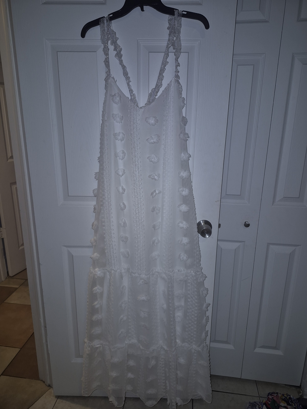 "Sale" New Women's White Ruffle-Trim Maxi Dress